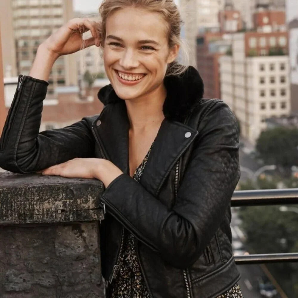 Abercrombie &  Fitch Faux Grain Leather Sherpa Moto Jacket Black Size Medium